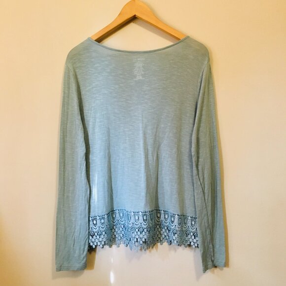 Robin Egg Blue Lace Hem Long Sleeve Rayon Top - Picture 2 of 15